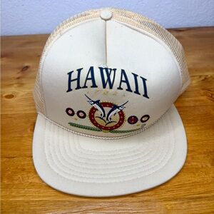 Vintage 80s Hawaii Marlin Hat Cap Snap Back Cream Rope Mesh Trucker Men One Size